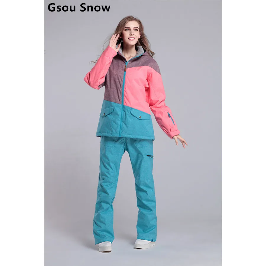 Новый Зимний лыжный костюм Gsou женский цветной джинсовый ветрозащитный
