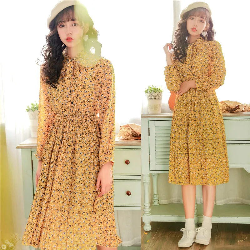 REAL PHOTO Print Dress Корейской Моды Стенд Воротник С Длинным Рукавом Талия Тонкий