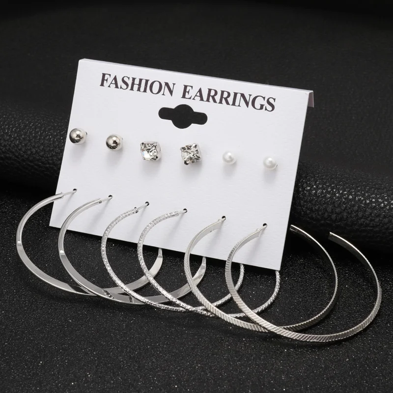 Tenande 6 Pairs/Set Punk Big Statement Crystal Simulated Pearl Earrings Set for Women Jewelry Pendientes Bijoux | Украшения и