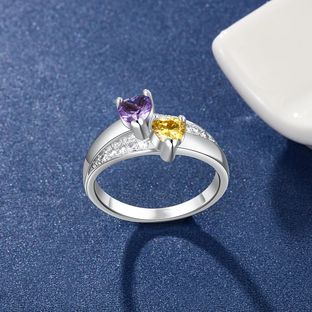 925 Sterling Silver Custom Name Ring with 2 Heart Birthstones Personalized Wedding Engagement Ring Mother Gift JewelOra RI103850