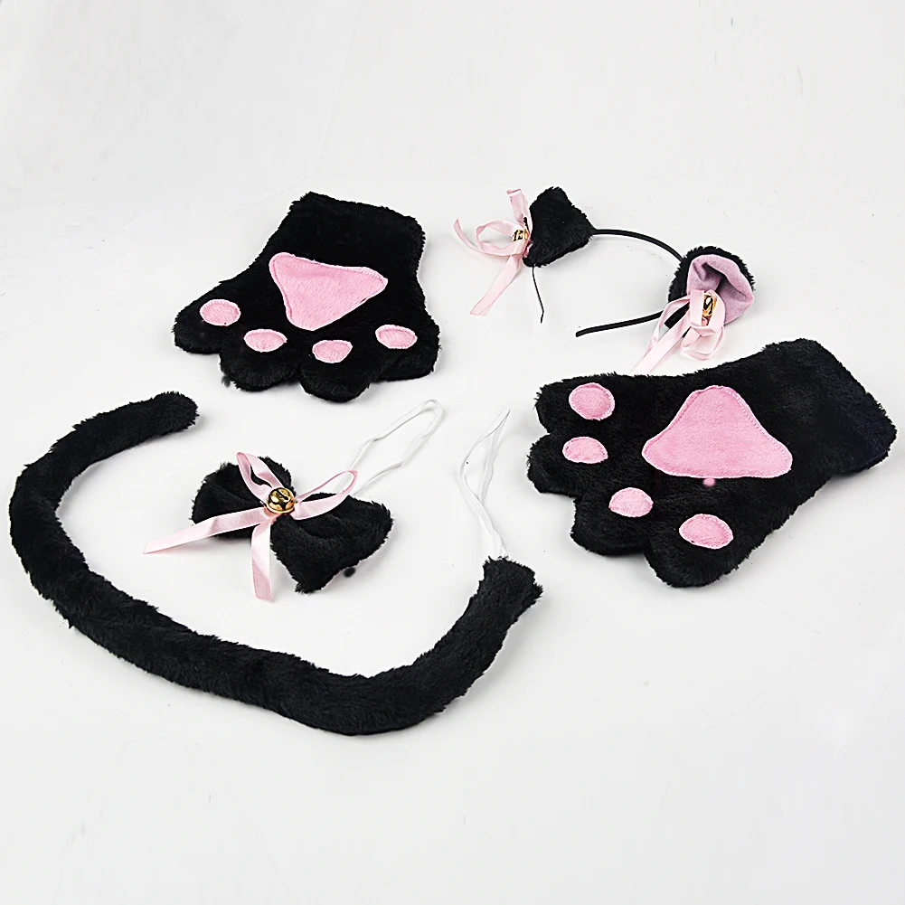 Kawaii милый котенок кошачьи уши Neko перчатки горничной лапы уши хвост галстук вечерние плюшевые лапы коготь аниме Cos кошки перчатки с ушками набор#1106