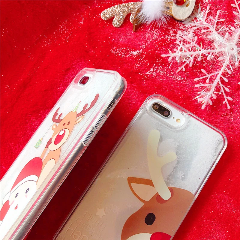 Merry Christmas phone case for iPhone XR XS Max X 6 6S 7 8 Plus Liquid Dynamic snowman deer hard PC +TPU Mobile Back Cover |