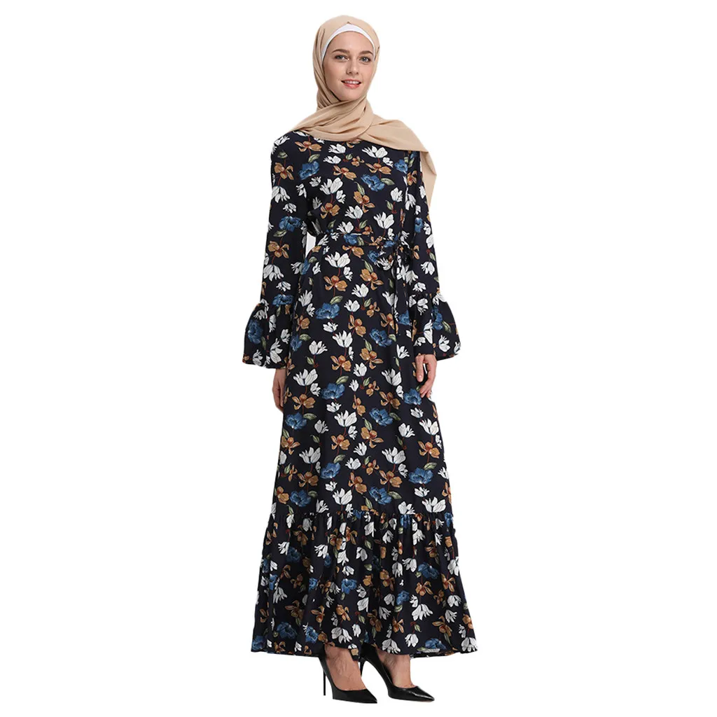 Muslim dress Islamic clothing Hijab Summer Small Floral Trumpet Sleeve Embroidery Elegant Swing Dress D300408 | Тематическая одежда