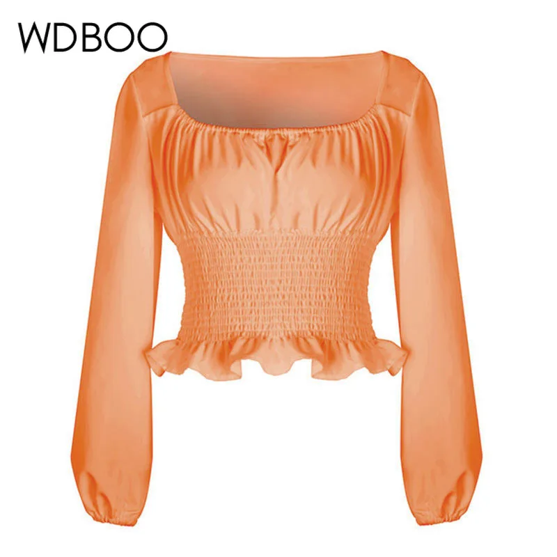 

WDBOO Square Neck Lantern Long Sleeve Blouse Women Casual Waist Elastic Ruffle Ruched Tops Shirts Pink Orange White Black