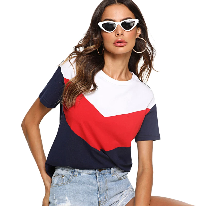 SweatyRocks Cut and Sew Tee многоцветный короткий рукав круглый вырез пэчворк повседневные топы женские летние Athleisure футболка с цветными деталями