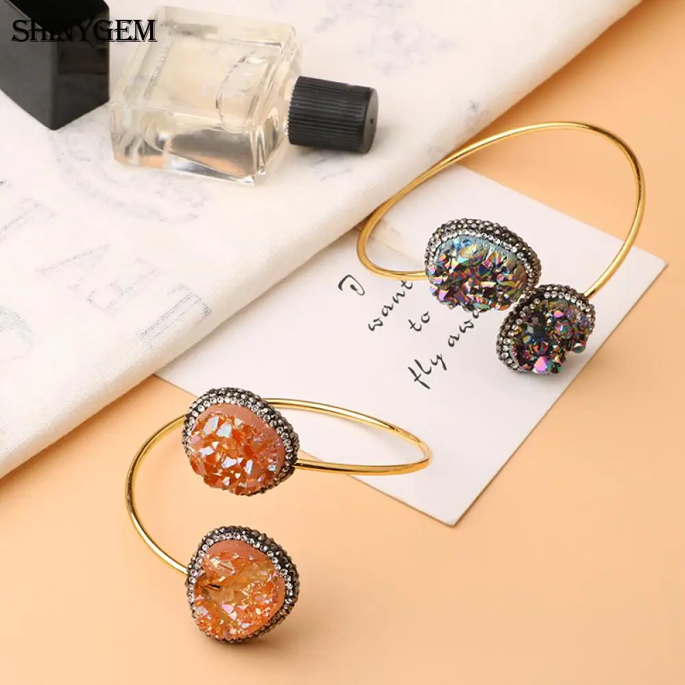 ShinyGem винтажный Регулируемый большой браслет с камнями Друза браслеты гладкое золотое покрытие с большим природным камнем открытые манжеты браслеты для женщин