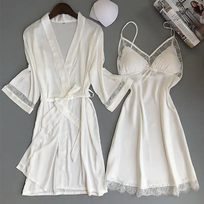 robe set white Сексуальное женское кимоно из вискозы, белый халат для невесты, невесты, подружки невесты, Свадебный халат, комплект, кружевная отделка, одежда для сна, Повседневная Домашняя одежда, ночное белье - Цвет: robe set white