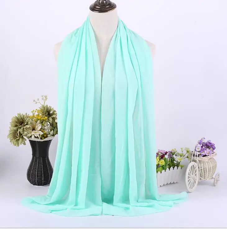 15 mint green Качественные длинные шифоновые сарвы хиджабы для женщин, одноцветная шаль на голову для исламских женщин, мусульманский платок на голову, накидка phasmina 175*70 см - Цвет: 15 mint green