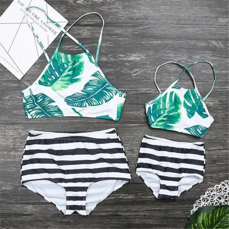 Семейный костюм из двух частей с принтом листьев купальник модное бикини для