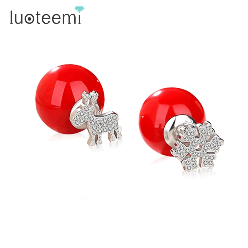 LUOTEEMI New Jewelry Snowflake and Stud Earrings Tiny Shining CZ Crystal Red Imitation Pearl Double Side Brincos Christmas Gift|stud earrings|stud