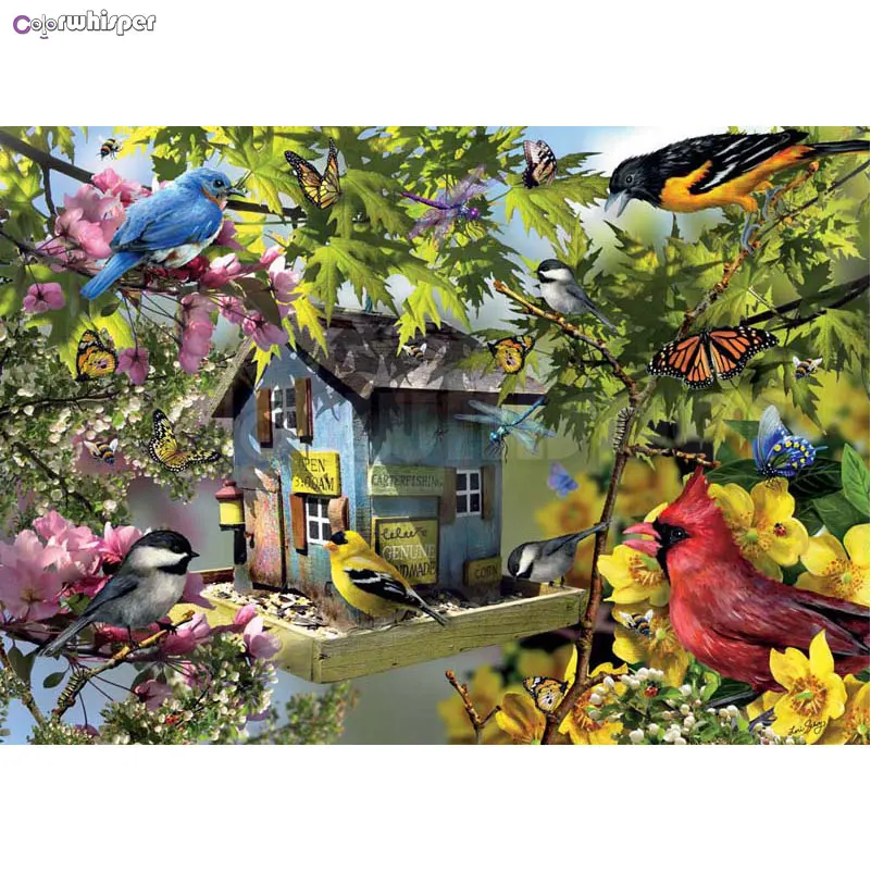 Алмазная картина полностью квадратная/круглая Цветная птица бабочки цветы домик