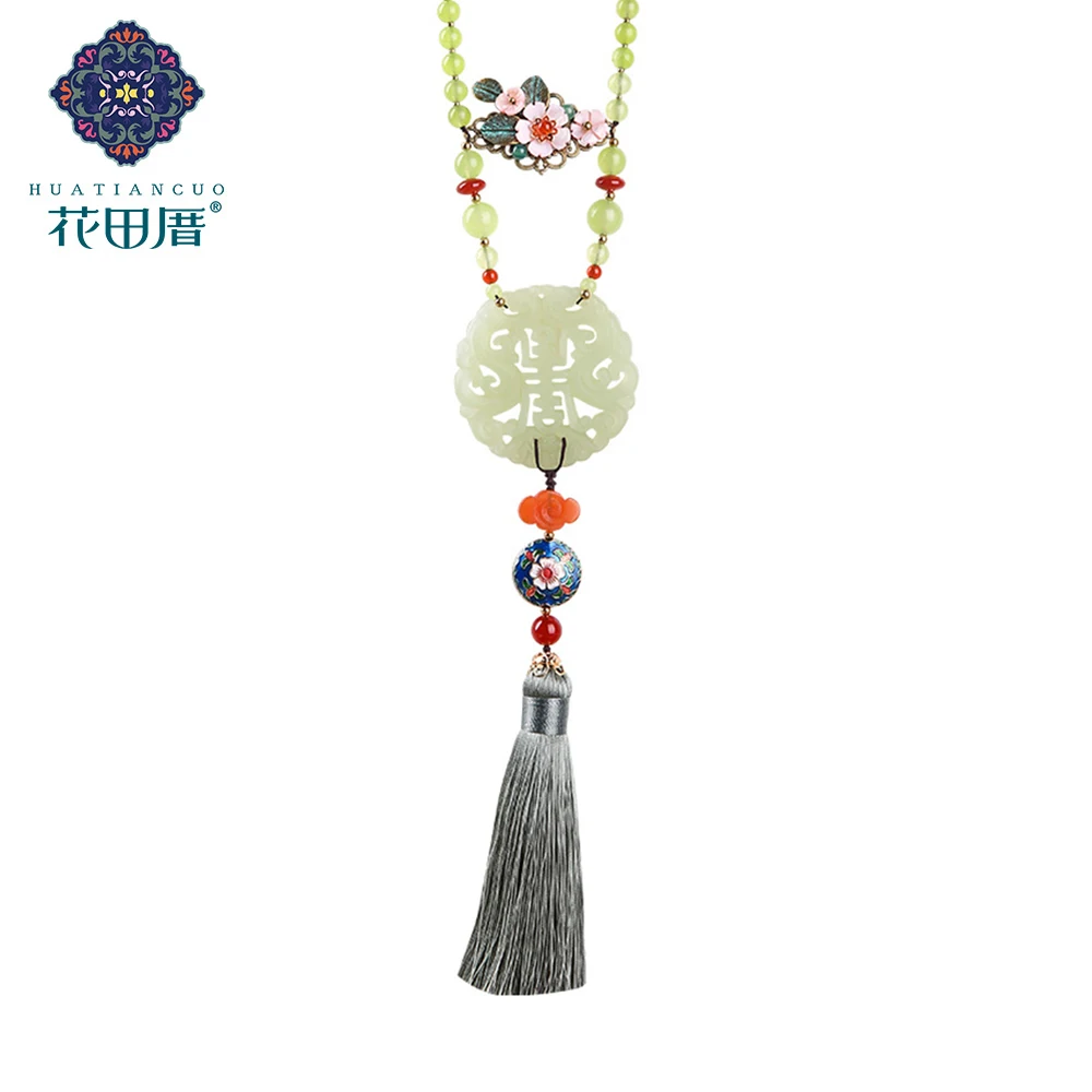 

Ethnic Handmade Tassel Pendant Necklace Round Stone Alloy Flower Cloud Stone Colored Glass Bead Rope Female Accessories CL-17138