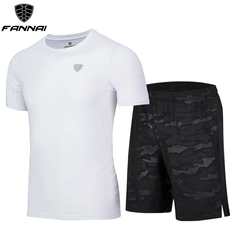 two-piece suit White FANNAI, Спортивная мужская рубашка для бега, Мужская сухая футболка для бега, мужской спортивный костюм, рубашки для спортзала, мужская рубашка для бега, для фитнеса, черная рубашка - Цвет: two-piece suit White
