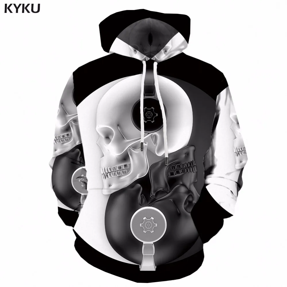 Мужская толстовка с капюшоном KYKU Yin Yang черно белая 3D принтом черепа одежда для