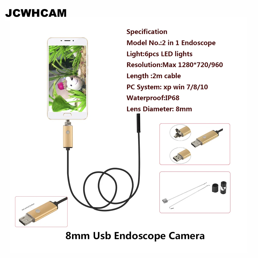 

JCWHCAM эндоскоп 8 мм USB эндоскоп Android 2 м кабель ПК USB эндоскоп мини эндоскоп камера 720P осмотр водонепроницаемый телефон