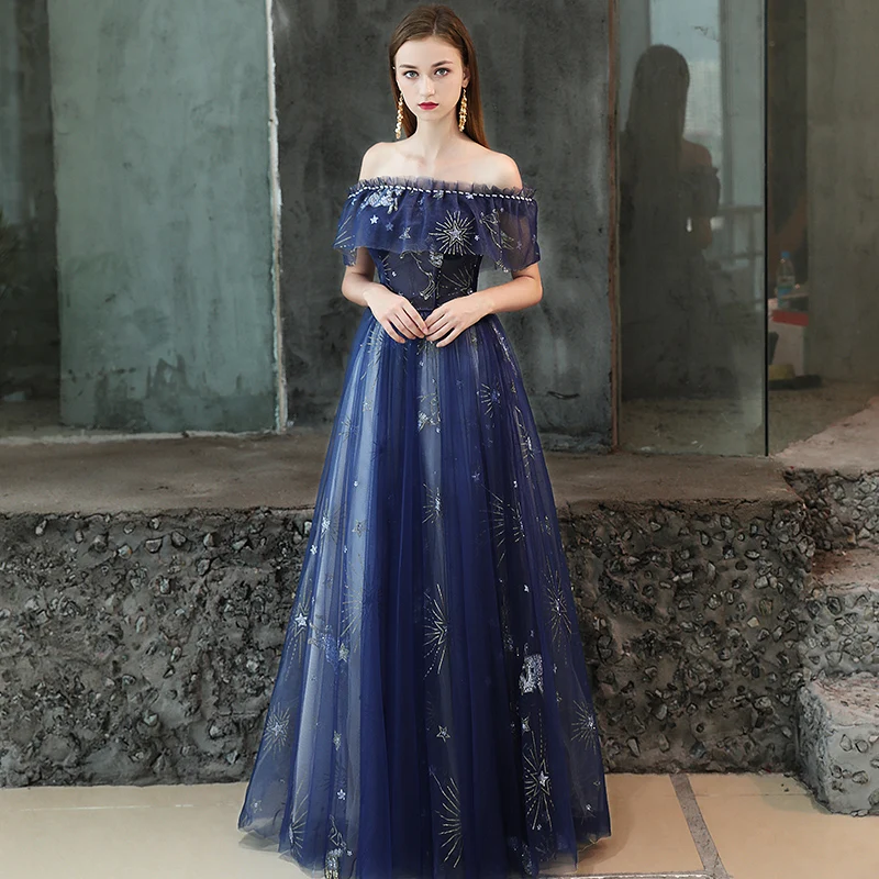 SSYFashion, новое синее вечернее платье, вырез лодочкой, длина до пола, блестки, узор со звездой, Простые Вечерние платья, на заказ, вечерние платья невесты