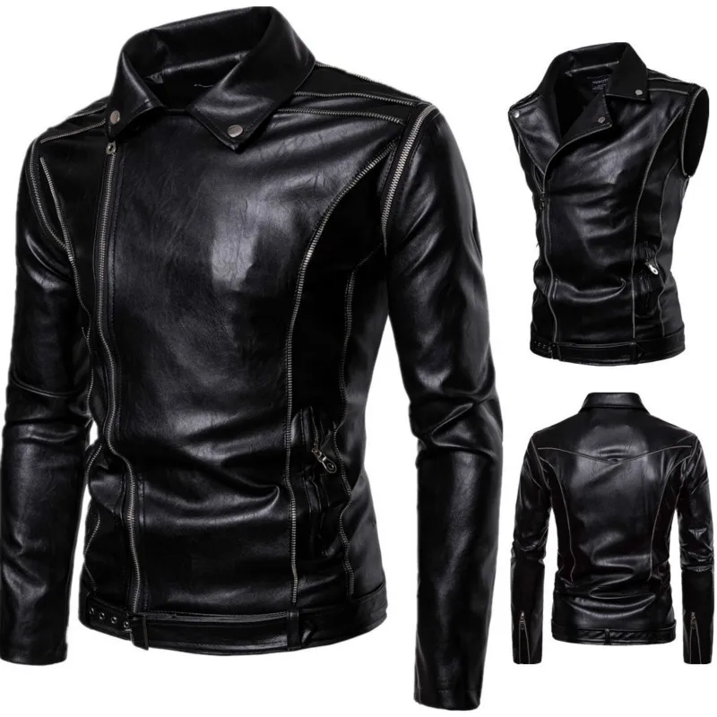 

YASUGUOJI New 2019 Autumn Fashion Sleeves Detachable Motorcycle Jacket Mens Leather Jacket Men Zippers Pu Leather Jackets