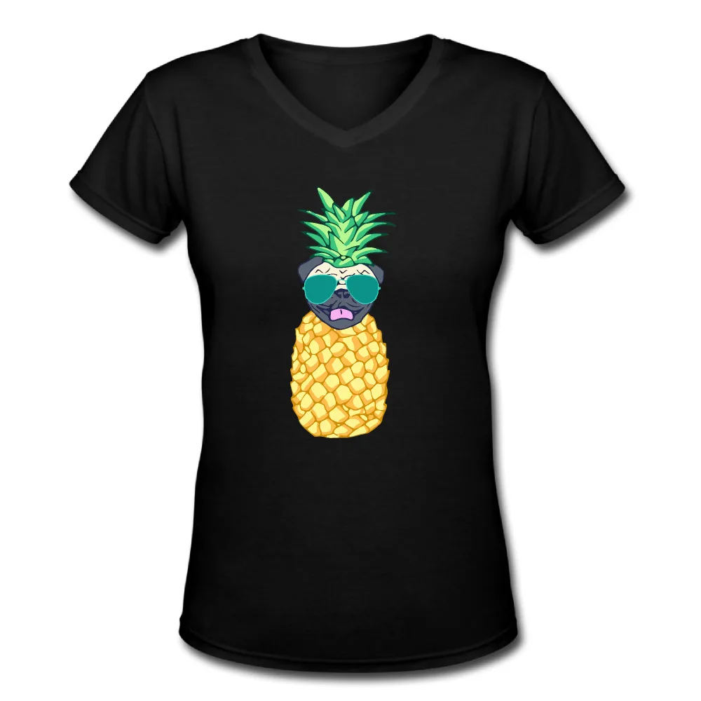New Pineapple Pug Funny T Shirts Women V Neck Short Sleeve Woman t-shirt Cotton Casual Personality Womens Tee Tops Euro Szie | Женская
