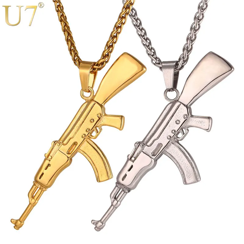 U7 Dei Monili di Hip Hop AK47 Assalto Uzi Fucile Modello di Collana In Oro In Acciaio Inox Rock Dell'esercito di Stile Del Pendente & Chain Per uomini P1046
