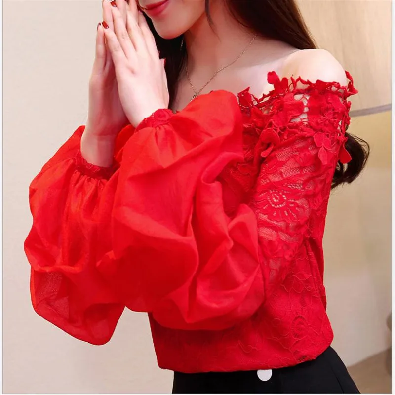 Весна 2019 женские топы с длинным рукавом-фонариком кружевные сексуальные