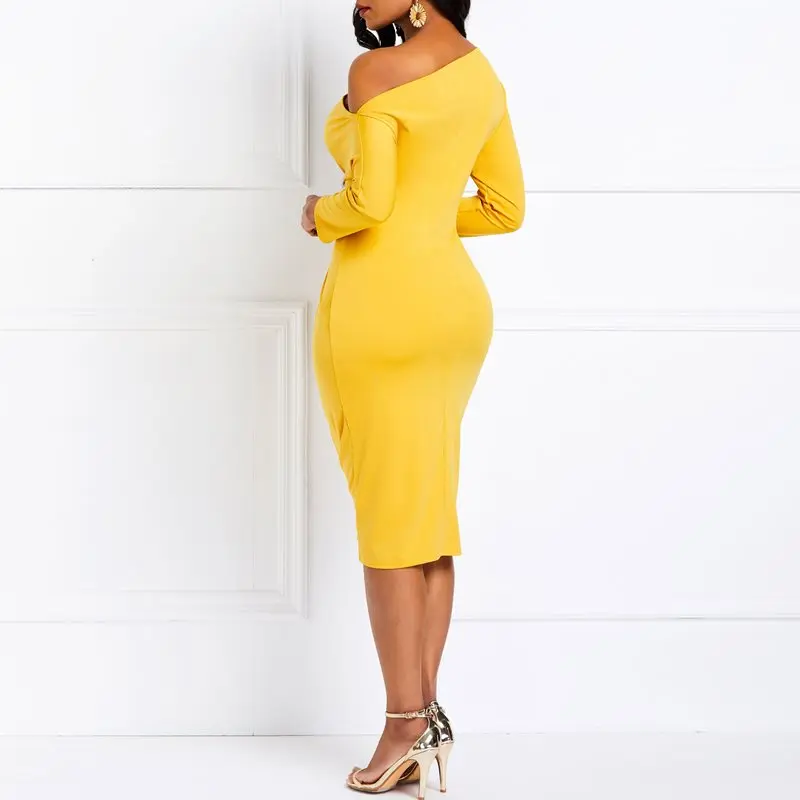 Вечеринка Дата желтый косой одно с плеча Bodycon платье Африканский Для женщин Офисные женские туфли Vogue сезон: весна–лето Vogue День Платья