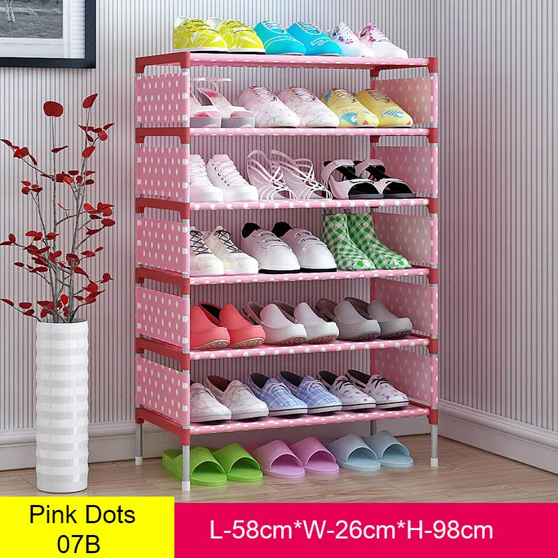 Pink Dots 07B Многоуровневая Простая Стойка для обуви из нетканого материала, стальная трубка, шкаф для хранения обуви, для прихожей, компактный органайзер для обуви - Цвет: Pink Dots 07B