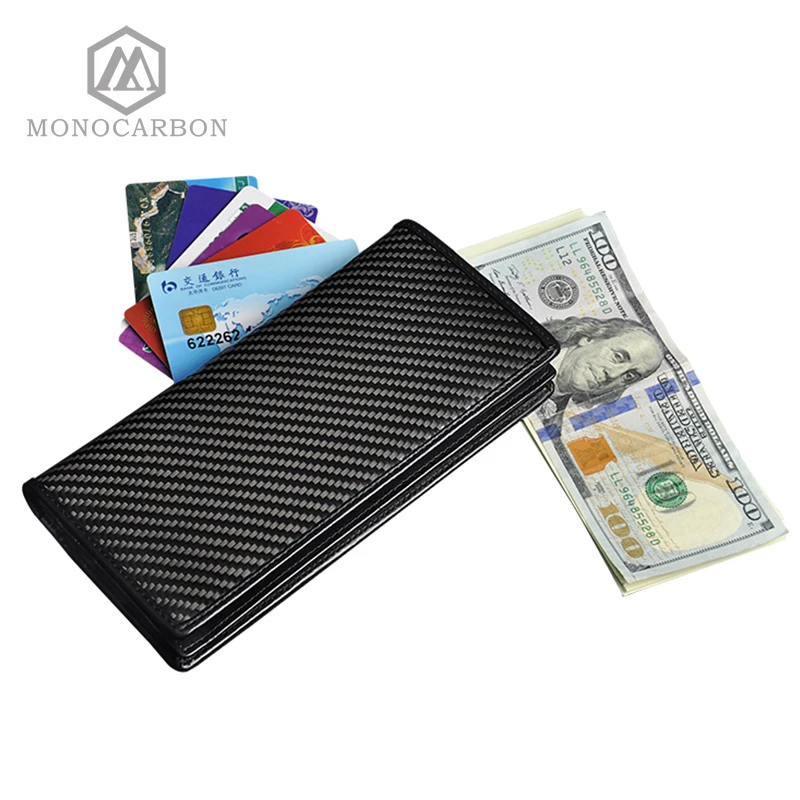 

MONOCARBON Long Unisex Travel Genuine Leather Mens Womens Handbag Real Carbon Fiber Purse Female male Bags For Women 2018