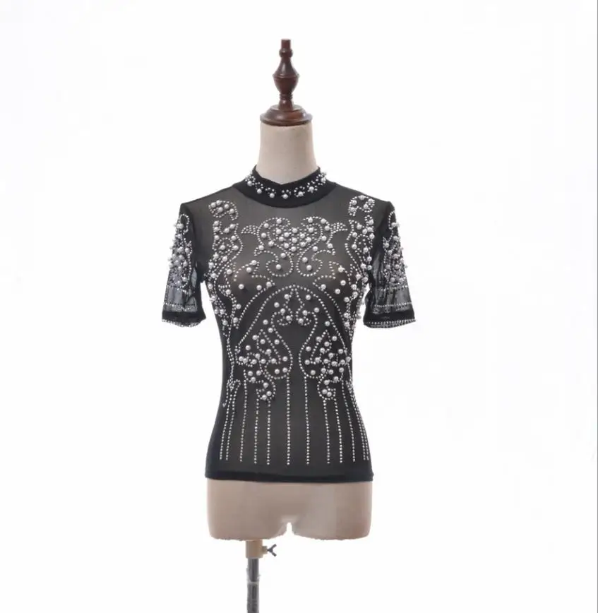 

2019 NEW women Mesh rework beaded pearl hot drilling perspective mesh bottoming shirt lace short-sleeved shirt