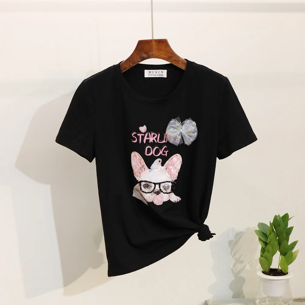 Летняя женская футболка 2020 топы модная с короткими рукавами и принтом собаки из
