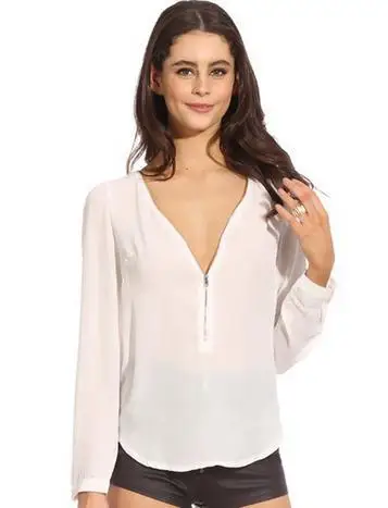 

European and American Fashion Women Chiffon Blouse Candy Color Long Sleeve V-neck Sexy Zipper Chiffon Shirt Ladies Tops S-2XL