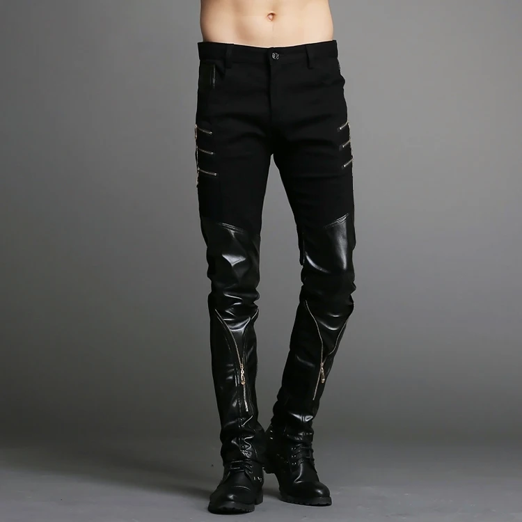 Мужские брюки 2018 модные трендовые мужские облегающие мотоциклетные кожаные на