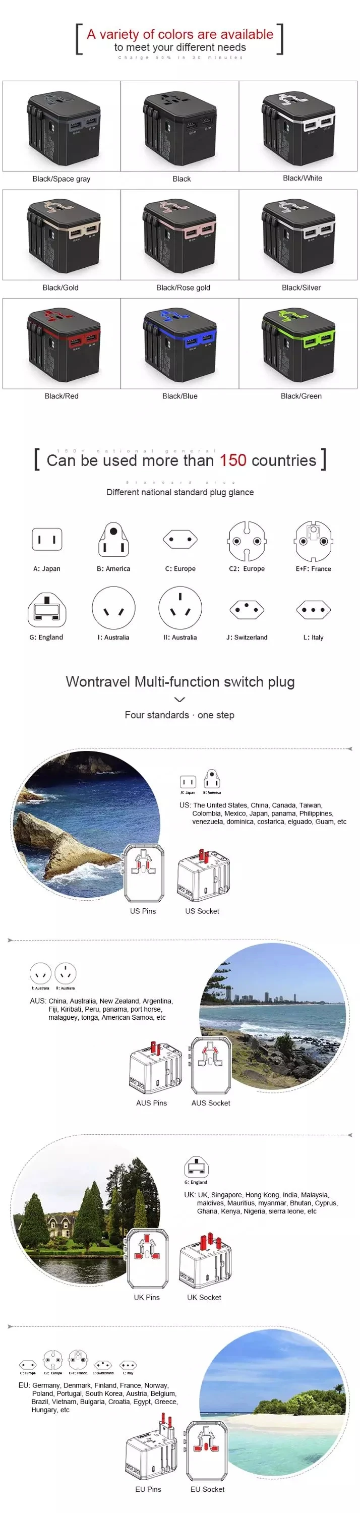 Универсальный Мощность адаптер все в одном World Travel Тип usb C QC 3,0 33 W PD Подключите адаптер Комплект
