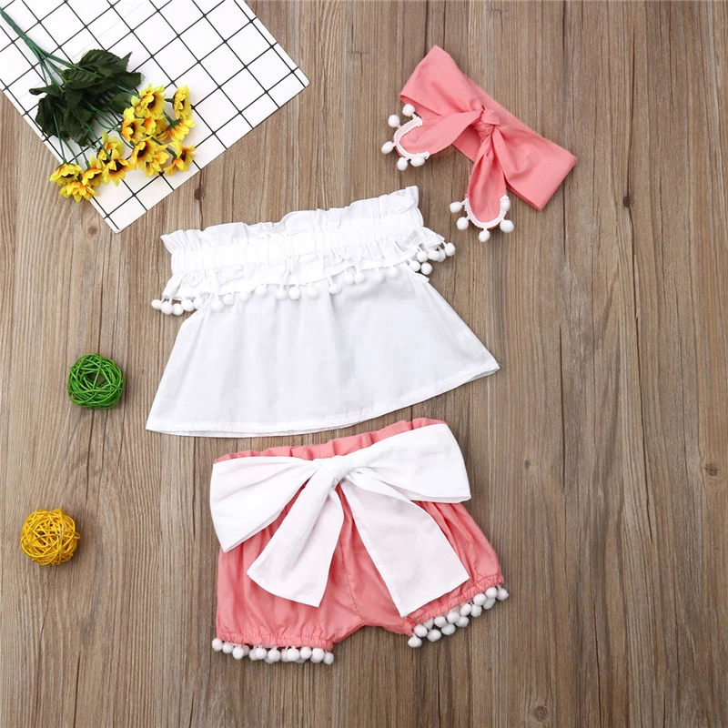 

Newborn Kids Baby Girls Clothes Set Summer Outfits Girl Costume T-shirt Tops Bowknot Short Pants 3PCS Summer Set