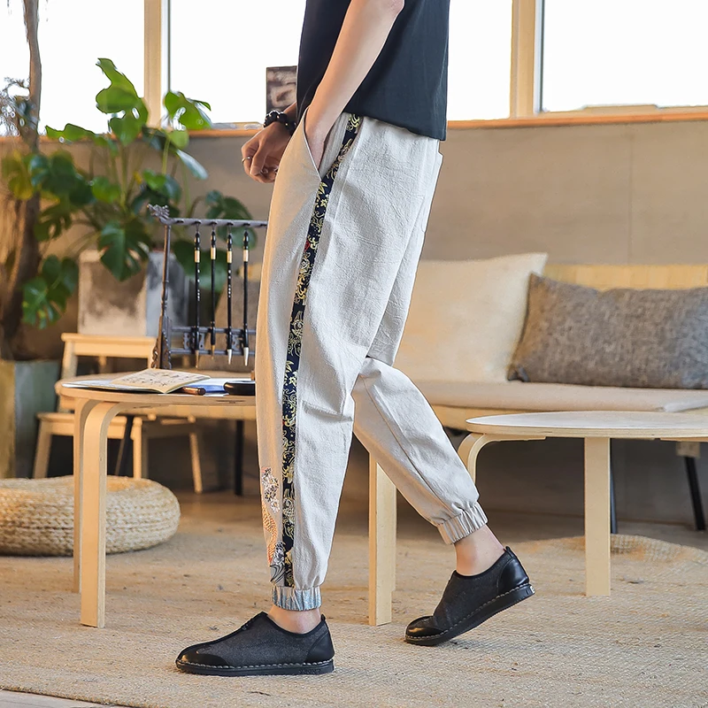 Chinese Style Retro Men Pants Brand New Loose Plus Size Harem Pant Casual Embroidery Mens Joggers Autumn Hot Sale Trouser | Мужская