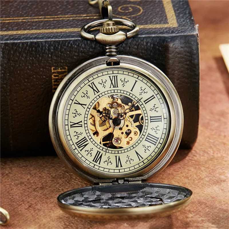 Vintage Flower Phoenix Carving Roman Dial Mehanical Pocket Watch FOB Chain  Hand Wind Mechanical Mens Women Wedding Gift Watch