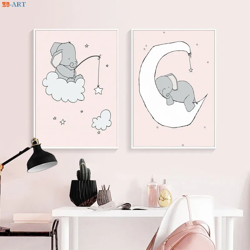 Постер с принтом слона розовая и серая Настенная картина милая Картина на холсте
