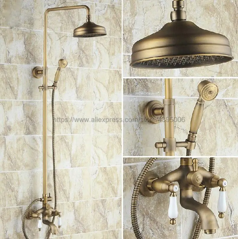 

Antique Brass Dual Handle Rain Shower Faucet Set 8" Rainfall Tub Spout Shower Mixers with Handshower Brs004