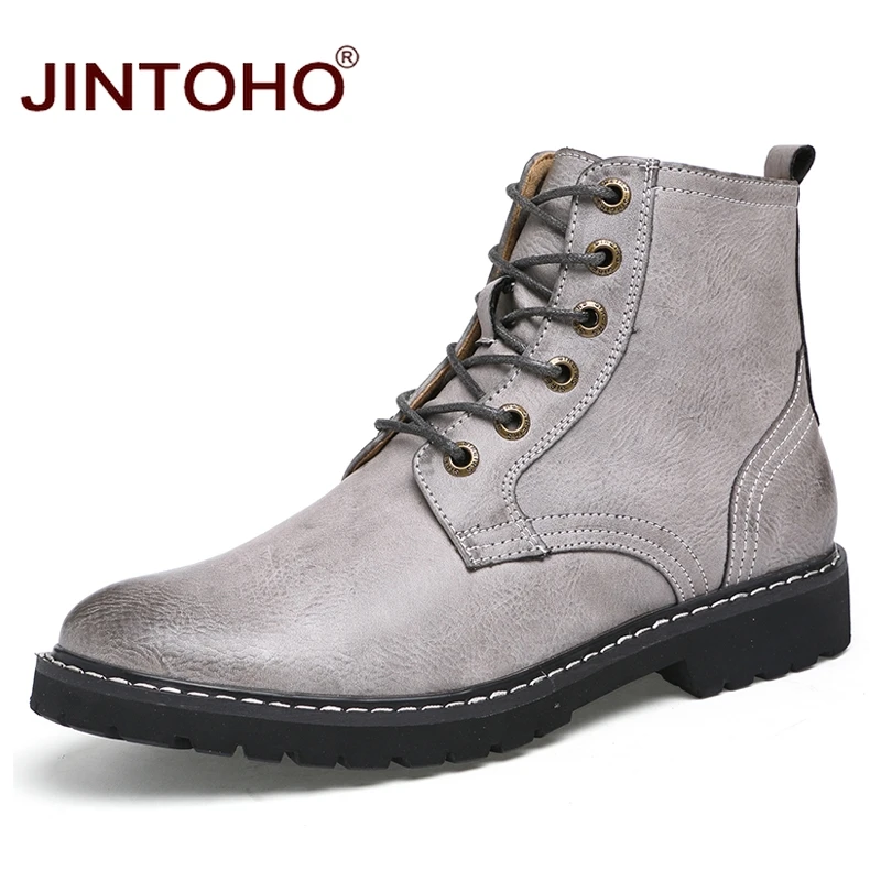 gray JINTOHO/кожаная мужская зимняя обувь; модные мужские зимние ботинки с острым носком; ботинки до середины икры для мужчин; мужские кожаные ботинки - Цвет: gray