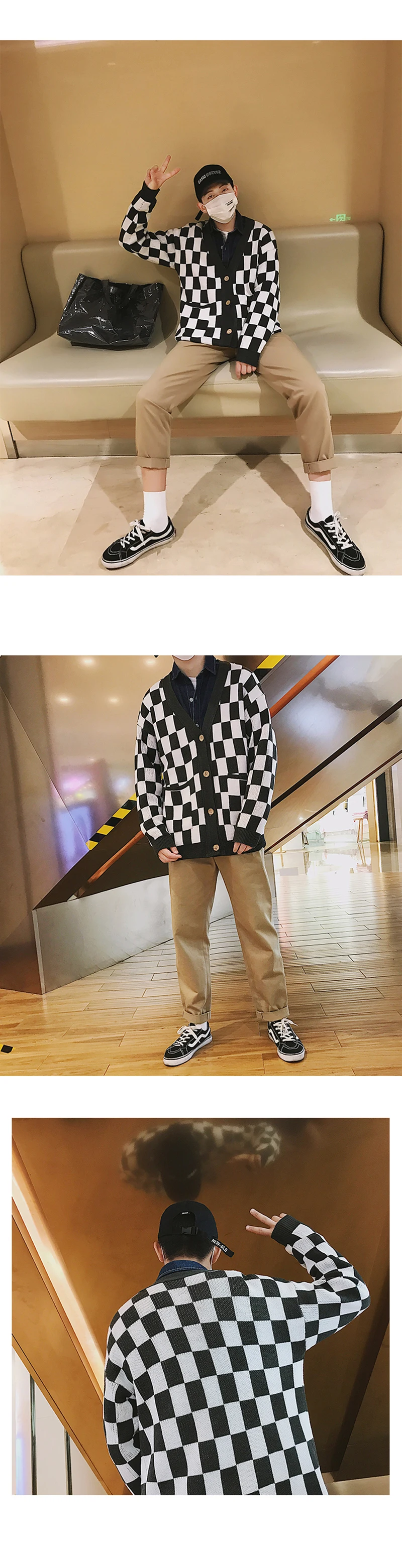 Plaid Oversized Sweater Men Hip Hop Mens v Neck Knit Cardigan Hombre Korean Checked Vintage Knitted Jacket Sweaters Mens Stylish