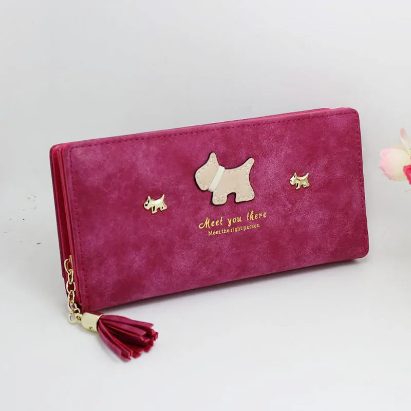 Rose Женские кошельки из матовой кожи с рисунком собаки из мультфильма, кошелек с кисточкой на застежке-молнии, кошелек для животных, милый женский держатель для карт, Дамский клатч - Цвет: Rose