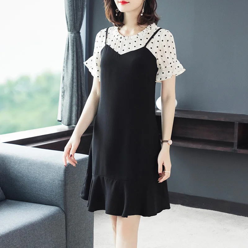 2019Summer elegant sweet dot fake two midi Dress contrast color juniors A-line petal sleeves casual vestidos plus size 5XL | Женская