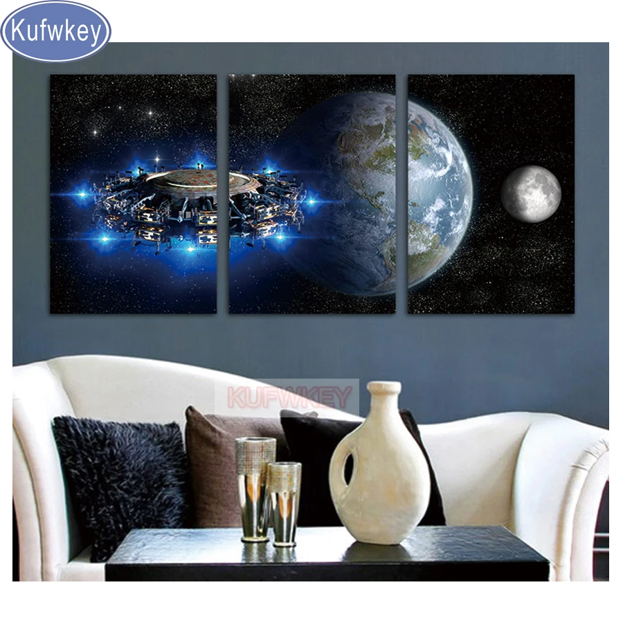 3 Панель космического корабля и планета пейзаж Винтаж искусство Алмаз живопись
