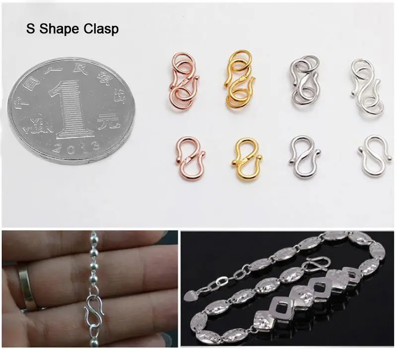 S Shape Solid S990 Sterling Silver Clasps Fine Jewelry Accessories Real Jewellery Findings 20pcs/lot SC-CZ111 | Украшения и