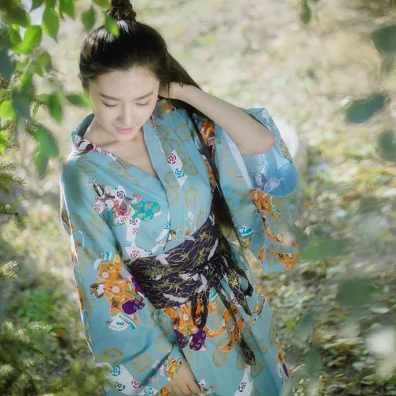 Green kimono female yukata women haori Japan geisha costume obi Japanese traditional dress cosplay TA447 Y | Тематическая одежда и