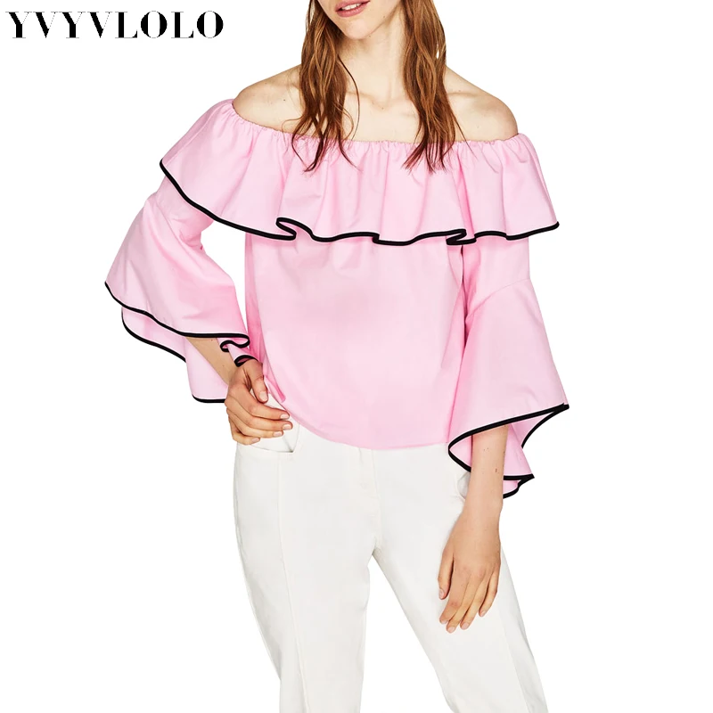 YVYVLOLO 2019 Brand Blouse Women Shirt Summer Sexy Off shoulder Tops Female Pink blue Chiffon Laminated sleeves Shirts blusas | Женская