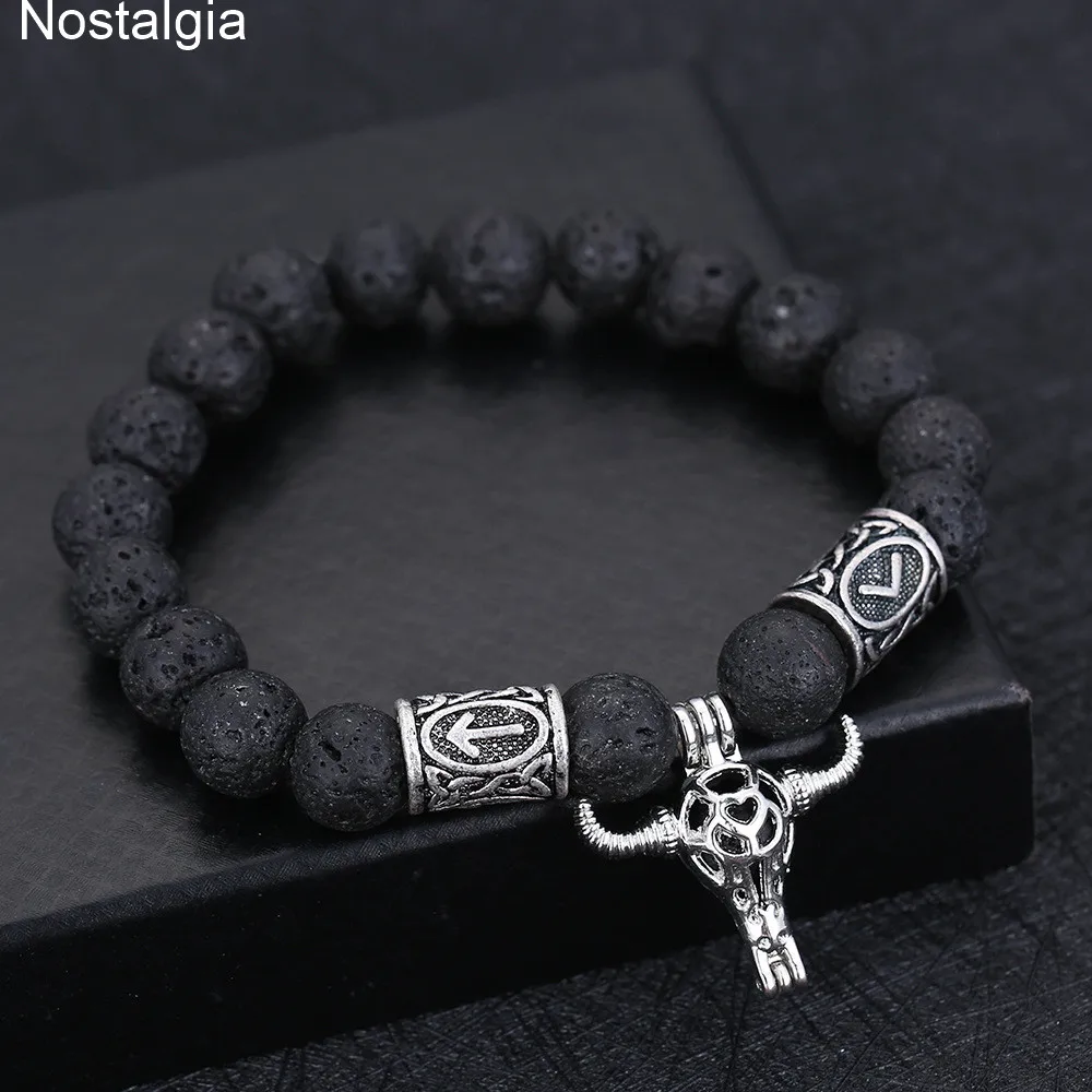 Ностальгия один Ворон топор амулет Wicca Ram панк череп ювелирные изделия Викинг браслет браслеты из лавового камня руны бусины Викинги аксессуары