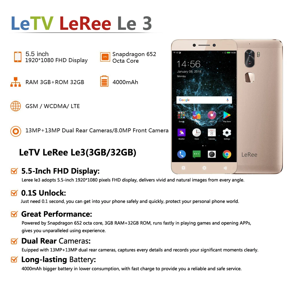 Letv Leree le3 4 г Мобильный телефон 5 &quotFHD Snapdragon 652 Octa Core 3 ГБ Оперативная память 32