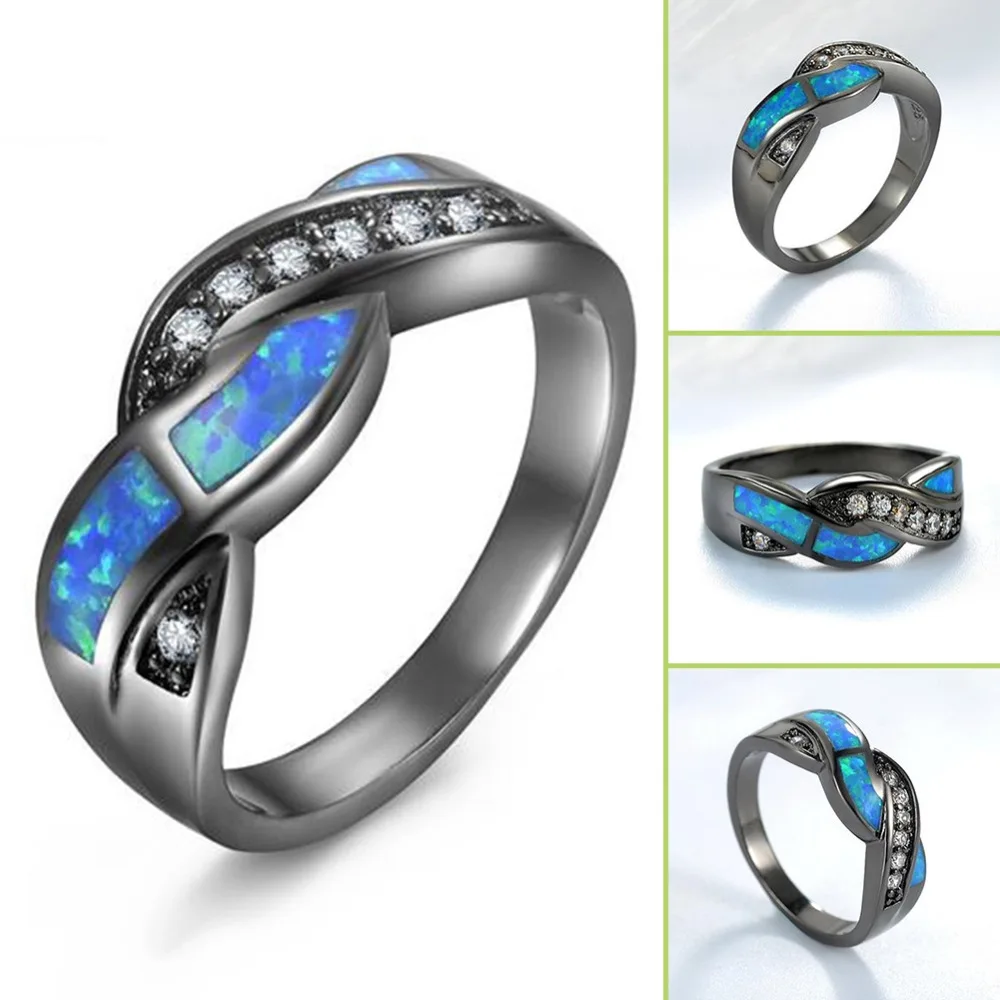 Для женщин волнистые синий огненный опал CZ Крест обручальное кольцо 10kt черное