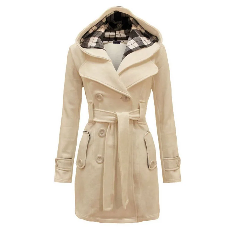 Женское двубортное пальто длинное в клетку с поясом и капюшоном из искусственной