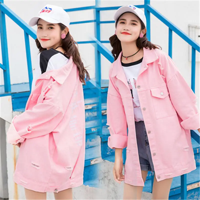 pink Джинсовая куртка Женская Осень Новая мода свободная ковбойская женская одежда корейский Bf фиолетовые куртки большой размер короткое пальто N699 - Цвет: pink